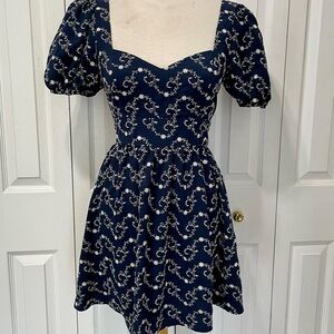 Blue Rain Navy Floral Embroidered Mini Dress Ties in Back